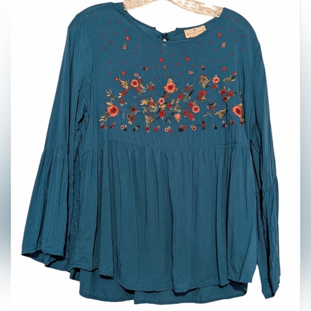 Grand & Greene Babydoll Blouse with Floral Embroidery